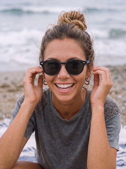Breeze round retro sunglasses grass recycled PET frame - polarised UV400 eco-friendly sunnies Manly Beach Australia 