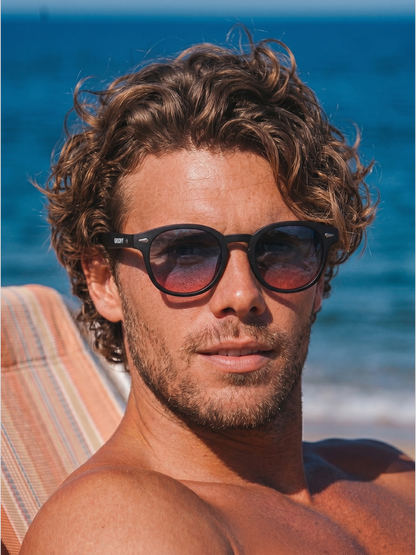 Breeze round retro sunglasses tan recycled PET frame - polarised UV400 eco-friendly sunnies Manly Beach Australia 