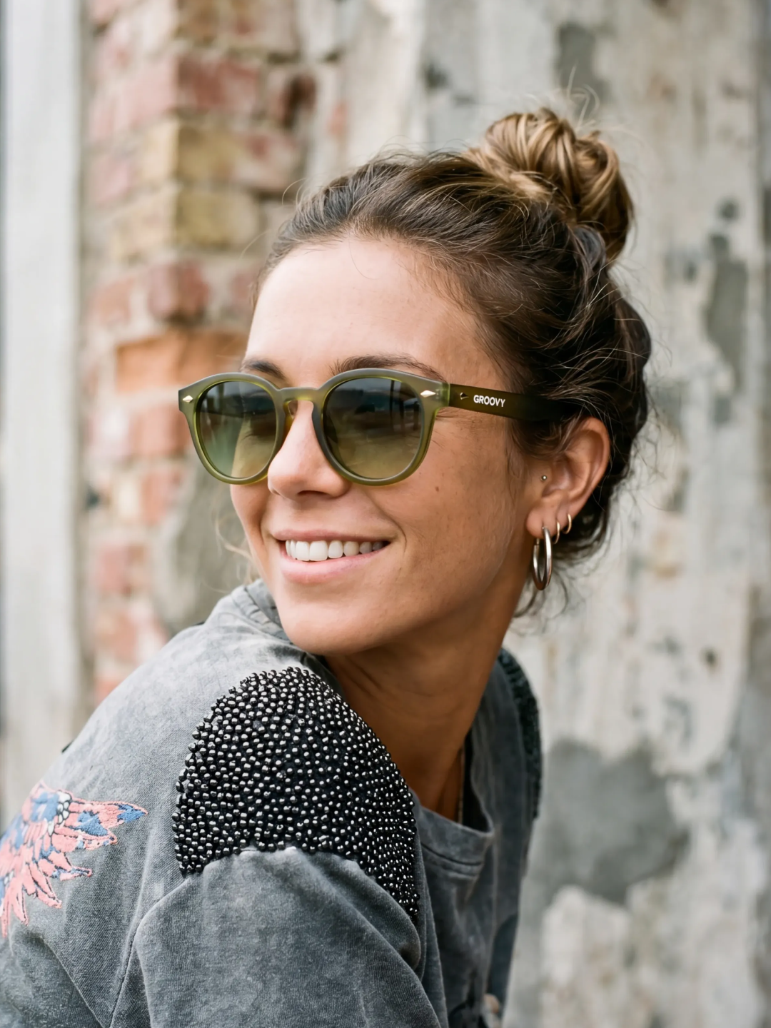 Breeze round retro sunglasses grass recycled PET frame - polarised UV400 eco-friendly sunnies Manly Beach Australia 