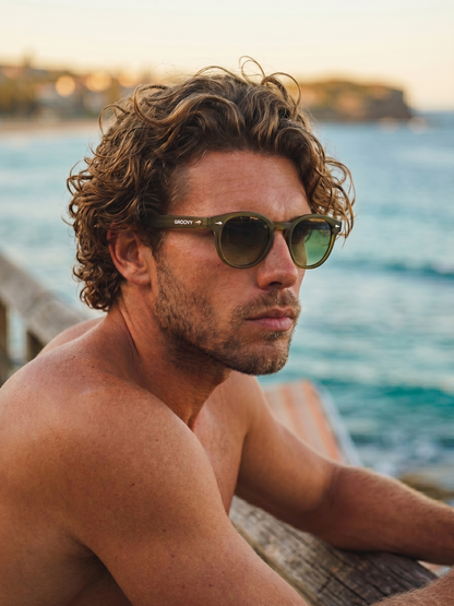 Breeze round retro sunglasses grass recycled PET frame - polarised UV400 eco-friendly sunnies Manly Beach Australia 