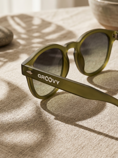 Breeze round retro sunglasses grass recycled PET frame - polarised UV400 eco-friendly sunnies Manly Beach Australia 