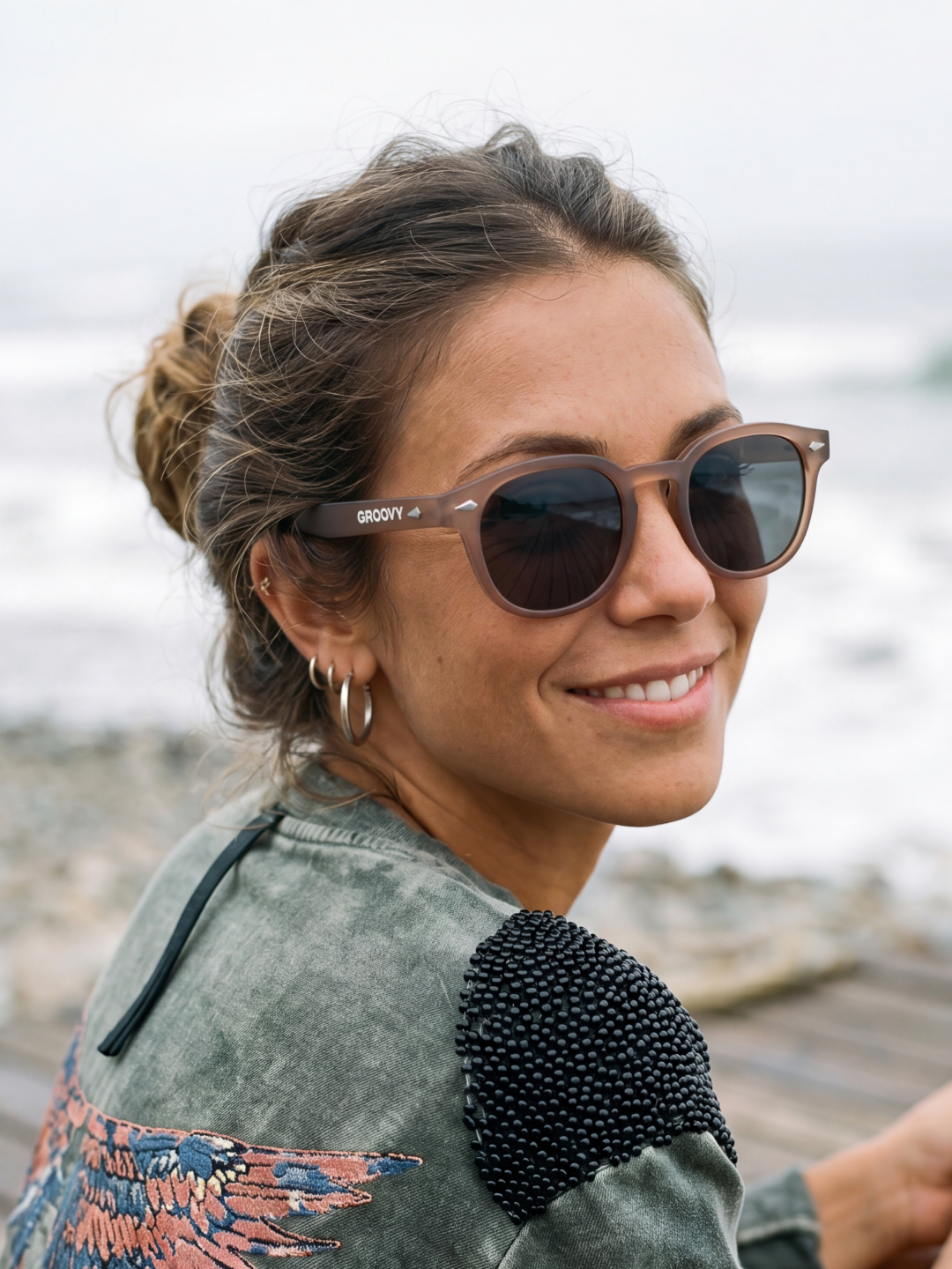 Breeze round retro sunglasses tan recycled PET frame - polarised UV400 eco-friendly sunnies Manly Beach Australia 