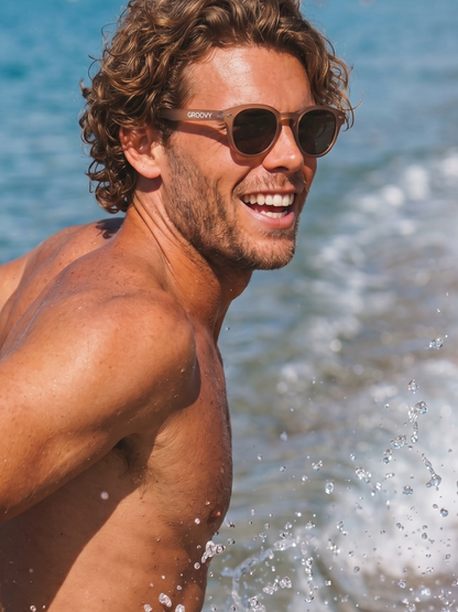 Breeze round retro sunglasses tan recycled PET frame - polarised UV400 eco-friendly sunnies Manly Beach Australia 