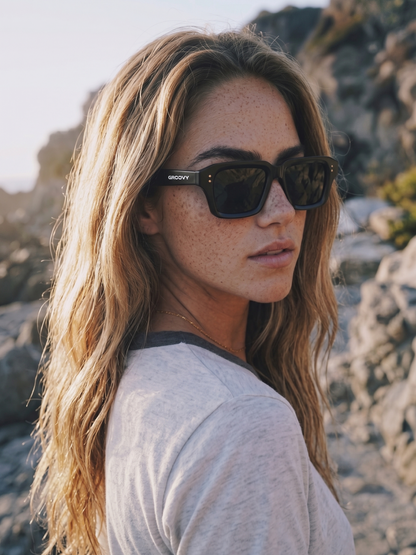 Flat square retro sunglasses black recycled PET frame - polarised UV400 eco-friendly sunnies - female - women -Australia 