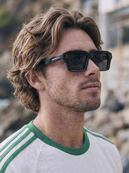 Flat square retro sunglasses black recycled PET frame - polarised UV400 eco-friendly sunnies - Male - men -Australia 