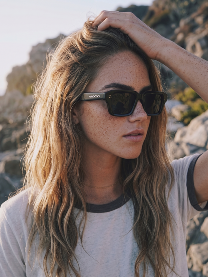 Flat square retro sunglasses black recycled PET frame - polarised UV400 eco-friendly sunnies - female - women -Australia 
