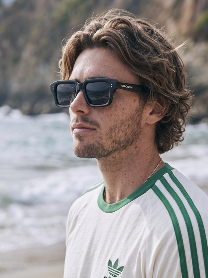 Flat square retro sunglasses black recycled PET frame - polarised UV400 eco-friendly sunnies - Male - men -Australia 