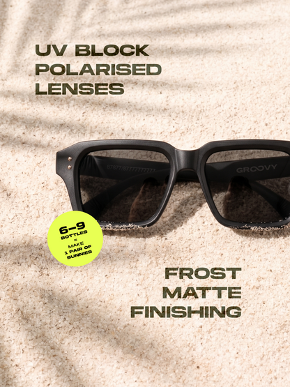 Flat square retro sunglasses black recycled PET frame - polarised UV400 eco-friendly sunnies Manly Beach Australia 