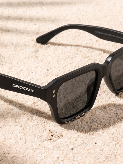 Flat square retro sunglasses black recycled PET frame - polarised UV400 eco-friendly sunnies Manly Beach Australia 