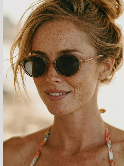 Loom round retro trend summer 2027 sunglasses tan recycled PET frame - polarised UV400 eco-friendly sunnies Manly Beach Australia 