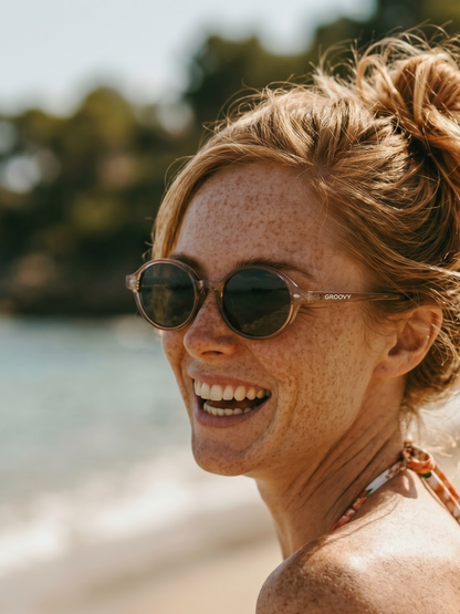 Loom round retro trend summer 2027 sunglasses tan recycled PET frame - polarised UV400 eco-friendly sunnies Manly Beach Australia 