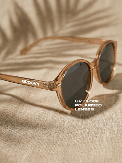 Loom round retro trend summer 2027 sunglasses tan recycled PET frame - polarised UV400 eco-friendly sunnies Manly Beach Australia 