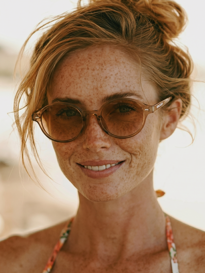 Loom round retro trend summer 2027 sunglasses tan recycled PET frame - polarised UV400 eco-friendly sunnies Manly Beach Australia 
