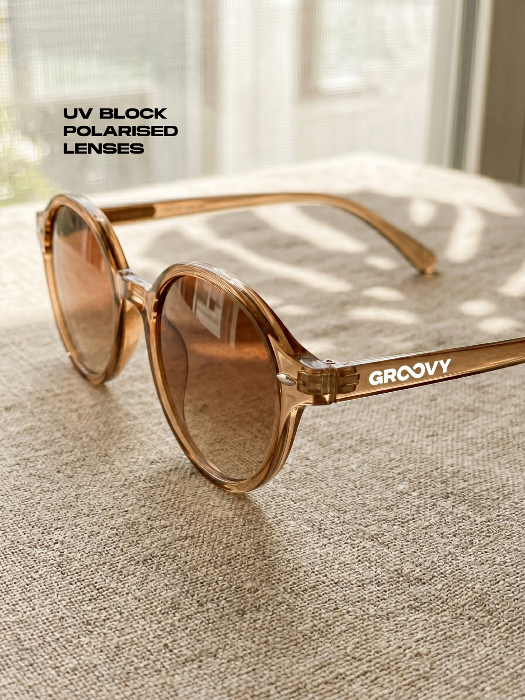Loom round retro trend summer 2027 sunglasses tan recycled PET frame - polarised UV400 eco-friendly sunnies Manly Beach Australia 