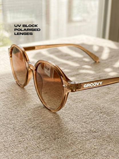 Loom round retro trend summer 2027 sunglasses tan recycled PET frame - polarised UV400 eco-friendly sunnies Manly Beach Australia 