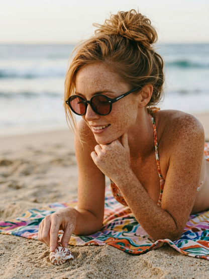 Loom round retro trend summer 2027 sunglasses tan recycled PET frame - polarised UV400 eco-friendly sunnies Manly Beach Australia 