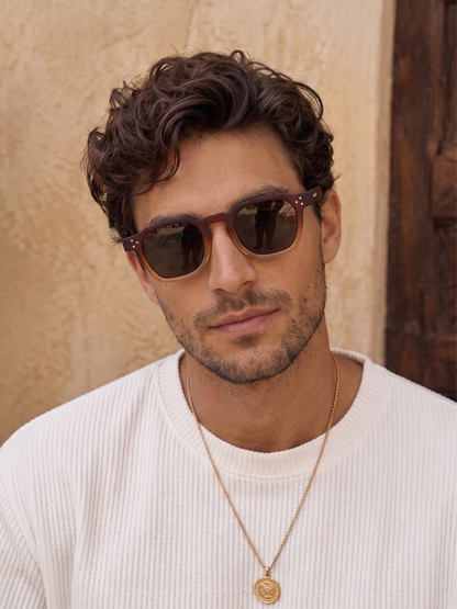 Seven geometric keyhole sunglasses cappuccino recycled PET frame - polarised UV400 eco-friendly sunnies Manly Beach Australia 