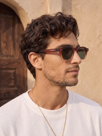 Seven geometric keyhole sunglasses cappuccino recycled PET frame - polarised UV400 eco-friendly sunnies Manly Beach Australia 