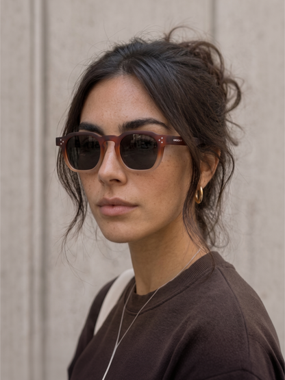 Seven geometric keyhole sunglasses cappuccino recycled PET frame - polarised UV400 eco-friendly sunnies Manly Beach Australia 