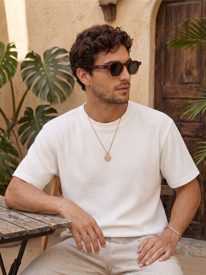 Seven geometric keyhole sunglasses cappuccino recycled PET frame - polarised UV400 eco-friendly sunnies Manly Beach Australia 