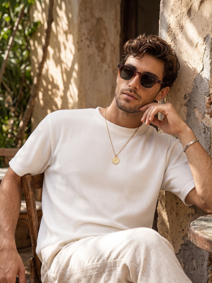 Seven geometric keyhole sunglasses cappuccino recycled PET frame - polarised UV400 eco-friendly sunnies Manly Beach Australia 