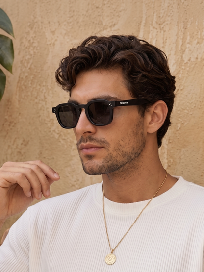Seven geometric keyhole sunglasses black recycled PET frame - polarised UV400 eco-friendly sunnies Manly Beach Australia 