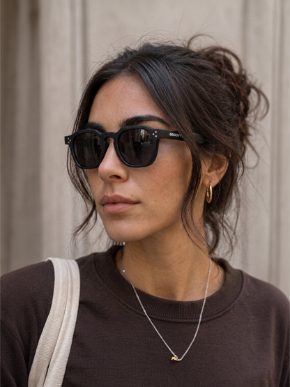 Seven geometric keyhole sunglasses black recycled PET frame - polarised UV400 eco-friendly sunnies Manly Beach Australia 