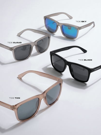 Tide surf wayfarer sunglasses sky recycled PET frame blue mirror - polarised UV400 eco-friendly sunnies Manly Beach Australia 