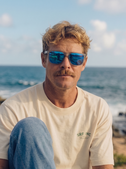 Tide surf wayfarer sunglasses sky recycled PET frame blue mirror - polarised UV400 eco-friendly sunnies Manly Beach Australia 