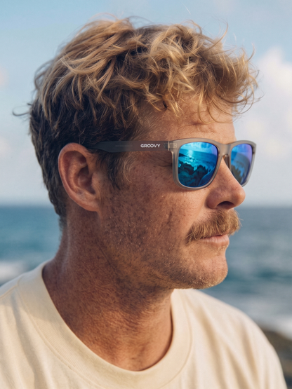 Tide surf wayfarer sunglasses sky recycled PET frame blue mirror - polarised UV400 eco-friendly sunnies Manly Beach Australia 