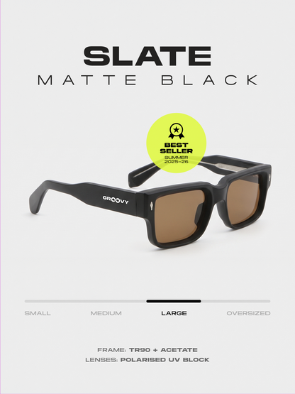 Slate bold square sunglasses matte black TR90 acetate frame - polarised UV400 eco-friendly sunnies Manly Beach Australia 
