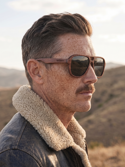 Aviator wood sunglasses red burl laminated timber frame - polarised UV400 eco-friendly sunnies Manly Beach Australia 