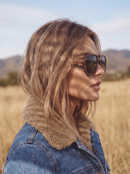 Aviator wood sunglasses red burl laminated timber frame - polarised UV400 eco-friendly sunnies Manly Beach Australia 