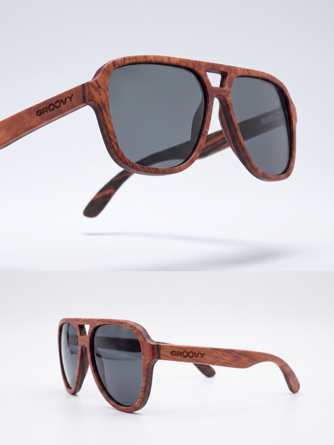Aviator wood sunglasses red burl laminated timber frame - polarised UV400 eco-friendly sunnies Manly Beach Australia 