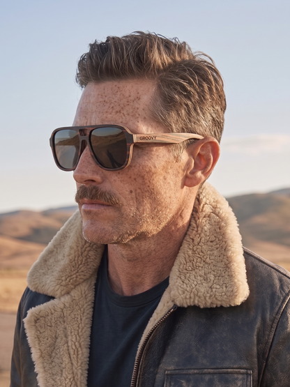 Aviator wood sunglasses ebony laminated timber frame - polarised UV400 eco-friendly sunnies Manly Beach Australia 