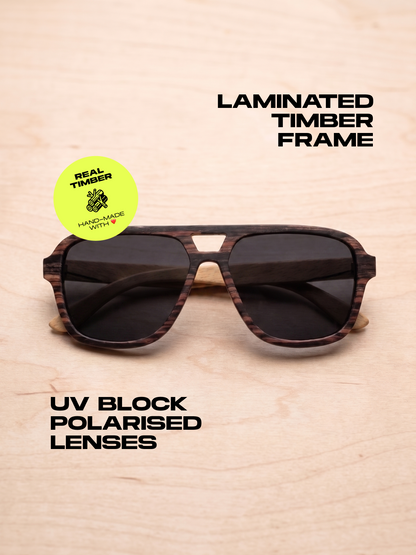 Aviator wood sunglasses ebony laminated timber frame - polarised UV400 eco-friendly sunnies Manly Beach Australia 