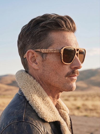 Aviator wood sunglasses burl laminated timber frame - polarised UV400 eco-friendly sunnies Manly Beach Australia 