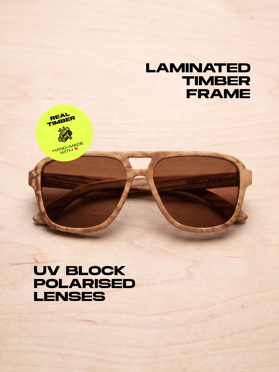 Aviator wood sunglasses burl laminated timber frame - polarised UV400 eco-friendly sunnies Manly Beach Australia 