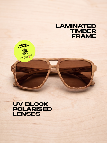 Aviator wood sunglasses burl laminated timber frame - polarised UV400 eco-friendly sunnies Manly Beach Australia 