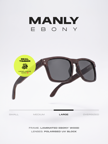 Manly square wood sunglasses ebony laminated timber frame - polarised UV400 eco-friendly sunnies Manly Beach Australia 