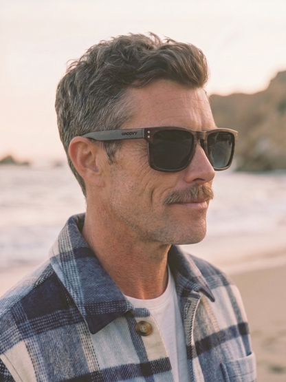 Manly square wood sunglasses ebony laminated timber frame - polarised UV400 eco-friendly sunnies Manly Beach Australia 