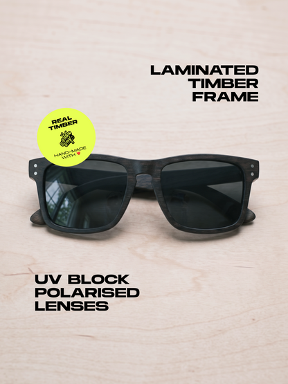 Manly square wood sunglasses ebony laminated timber frame - polarised UV400 eco-friendly sunnies Manly Beach Australia 