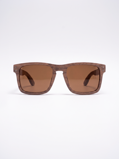 Manly square wood sunglasses walnut laminated timber frame - polarised UV400 eco-friendly sunnies Manly Beach Australia 