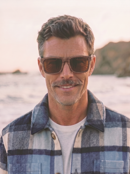 Manly square wood sunglasses walnut laminated timber frame - polarised UV400 eco-friendly sunnies Manly Beach Australia 