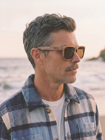 Manly square wood sunglasses walnut laminated timber frame - polarised UV400 eco-friendly sunnies Manly Beach Australia 