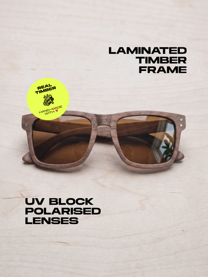Manly square wood sunglasses walnut laminated timber frame - polarised UV400 eco-friendly sunnies Manly Beach Australia 