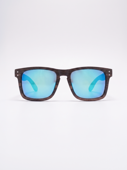 Manly square wood sunglasses sky laminated ebony timber frame blue mirror - polarised UV400 eco-friendly sunnies Manly Beach Australia 