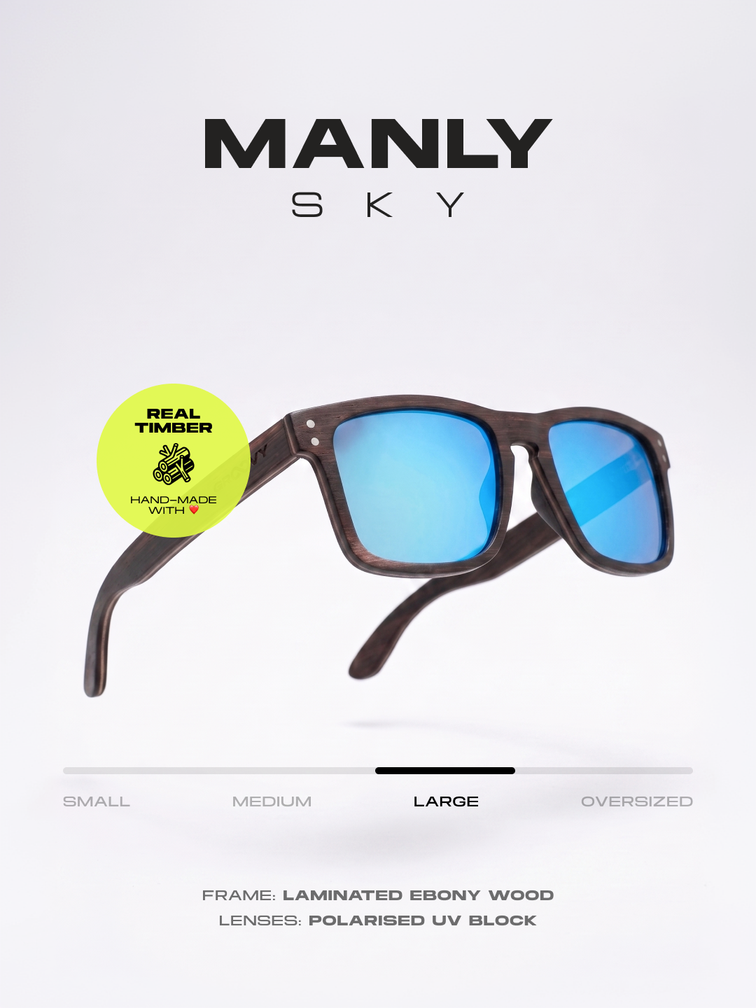 Manly square wood sunglasses sky laminated ebony timber frame blue mirror - polarised UV400 eco-friendly sunnies Manly Beach Australia 