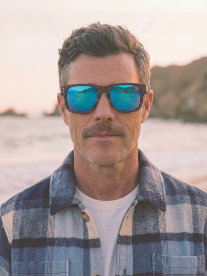 Manly square wood sunglasses sky laminated ebony timber frame blue mirror - polarised UV400 eco-friendly sunnies Manly Beach Australia 
