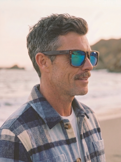 Manly square wood sunglasses sky laminated ebony timber frame blue mirror - polarised UV400 eco-friendly sunnies Manly Beach Australia 